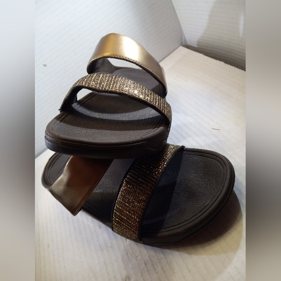 Fitflop Superglitz Lulu Bronze Boho-Chic Strap Open Slide Sandals Glitter Heeled - Picture 9 of 14